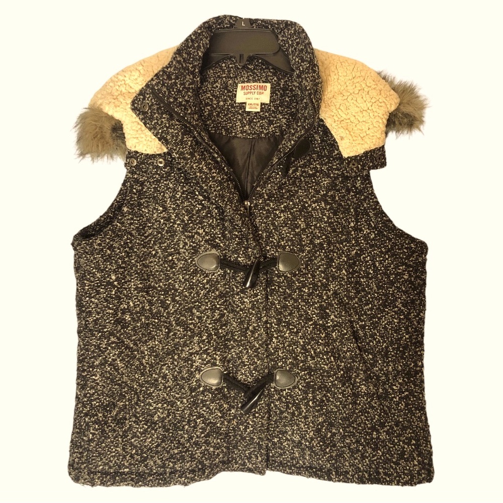 Mossimo Fleece Lined Collar Hood Vest Faux Fur Trim Black Gray Charcoal - Picture 3 of 13
